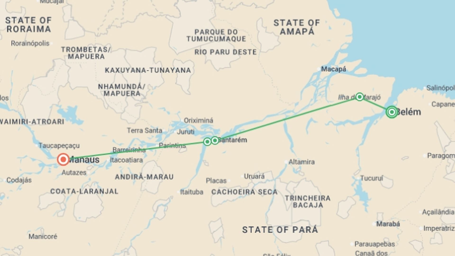 A map showing the tour itinerary for the trip: Brazilian Amazon by Boat, starting in Belém, Brazil and ending in Manaus, Brazil going through 5 other destinations.