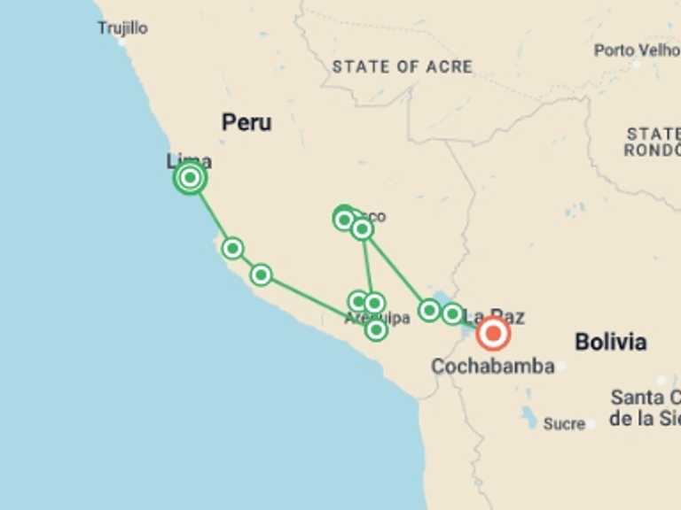 Map itinerary of Lima Tour in September 2025 with 13 destination visits for the trip: Lima to La Paz: Sandboarding & Sunsets