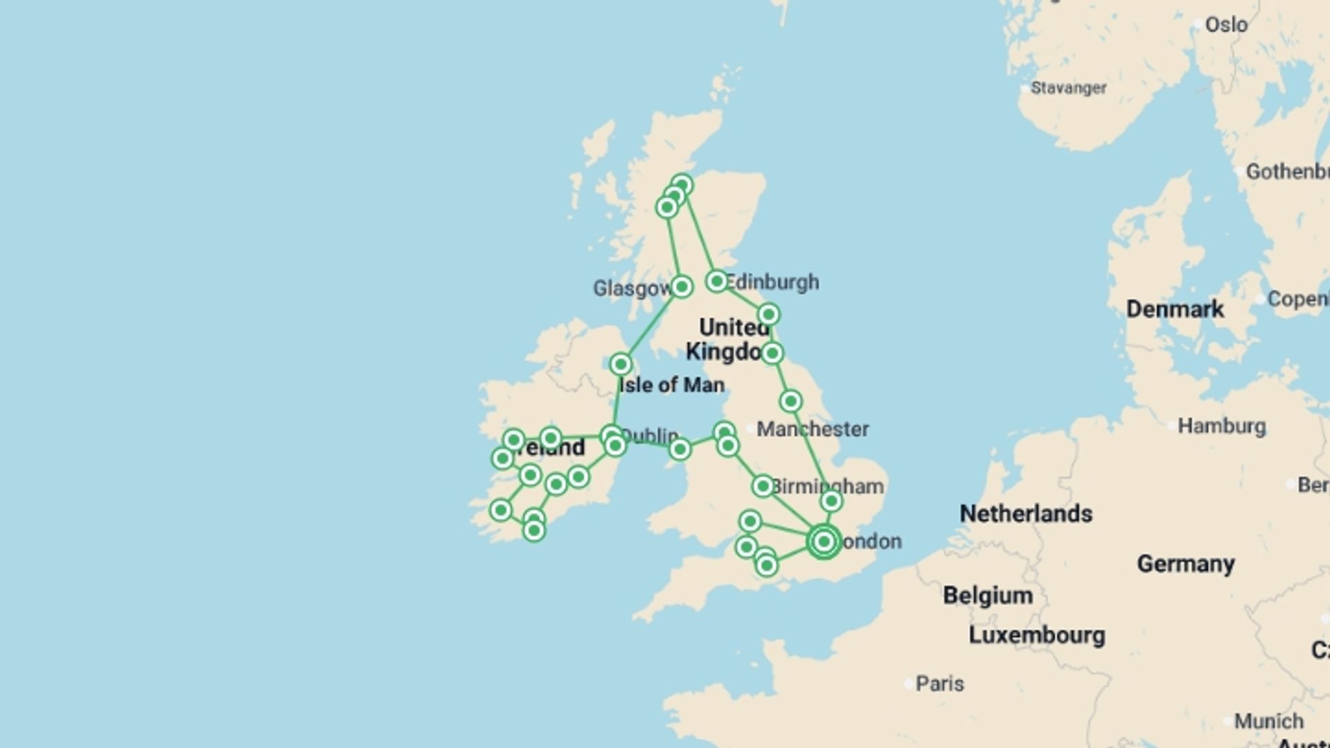 A map showing the tour itinerary for the trip: London, Scotland, Ireland, and Southern England, starting in London, England and ending in London, England going through 10 other destinations.