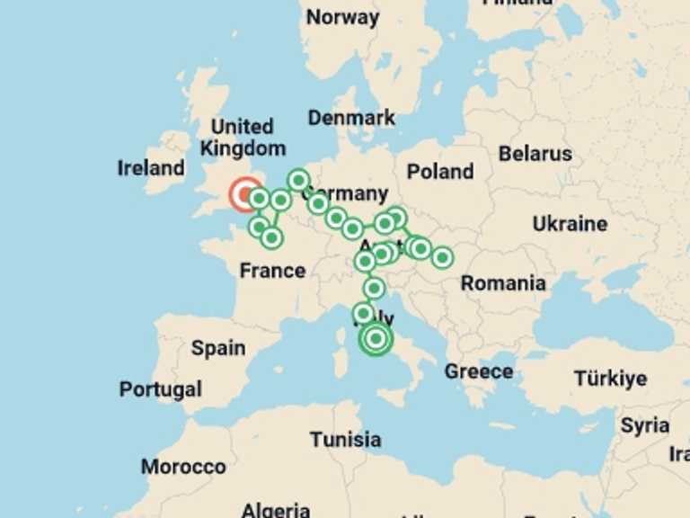 Map of 19-Day London Tour with 12 destination visits for the trip: European Dance