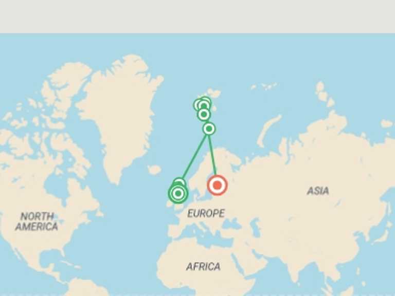 Map itinerary of Europe Tour in Spring with 9 destination visits for the trip: Scotland to Spitsbergen: Puffins, Sea Ice and Wildlife