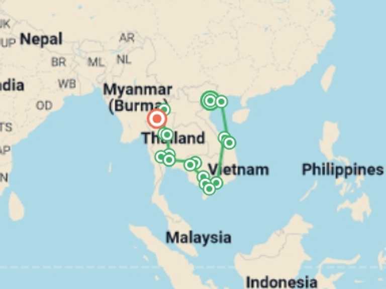 Map itinerary of Can Tho Tour in Fall with 15 destination visits for the trip: Ultimate Vietnam & Cambodia & Thailand ends Chiang Mai (4 Star Hotels)