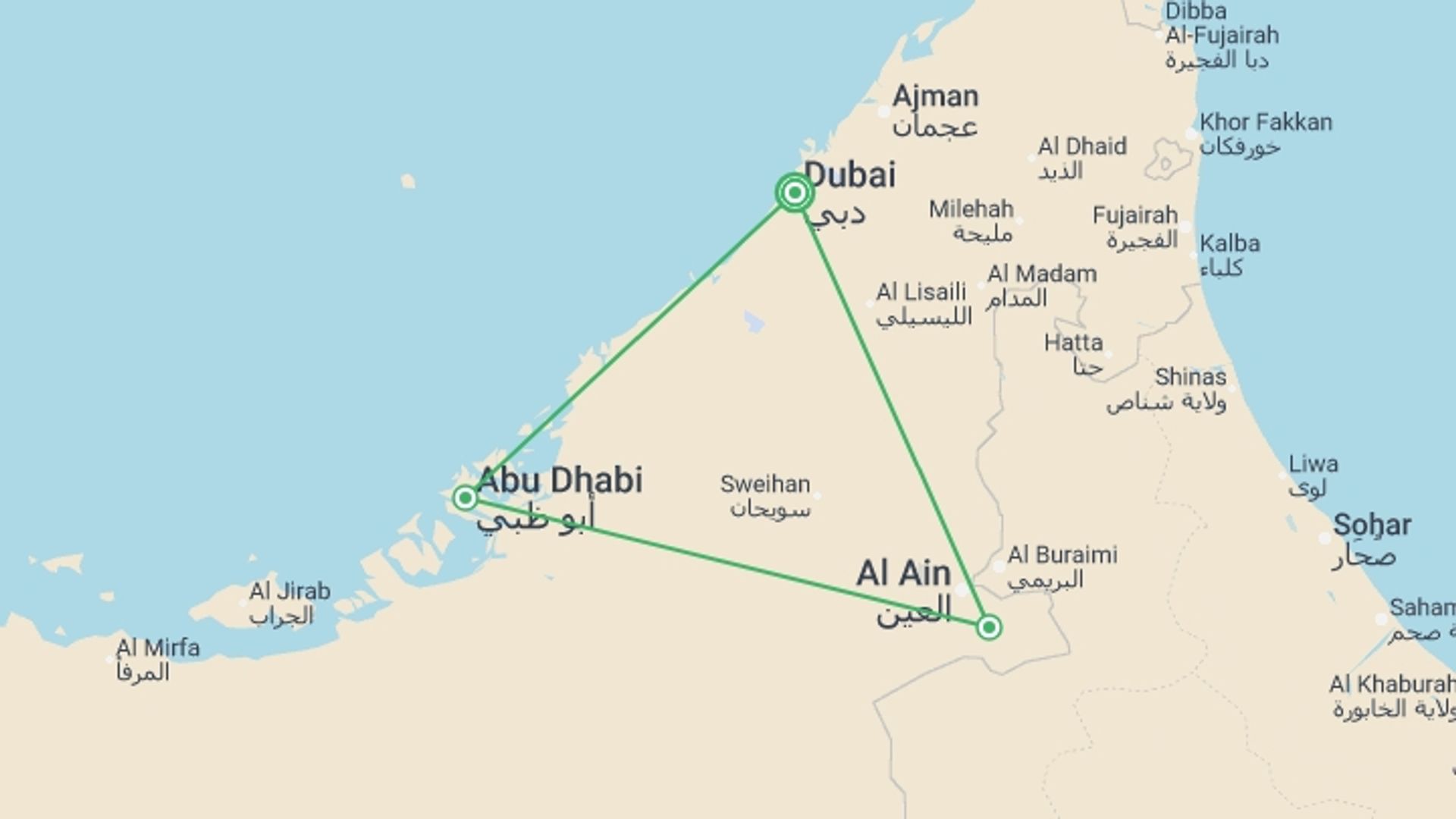 A map showing the tour itinerary for the trip: Complete Dubai And Abu Dhabi, starting in Dubai, UAE and ending in Dubai, UAE going through 3 other destinations.