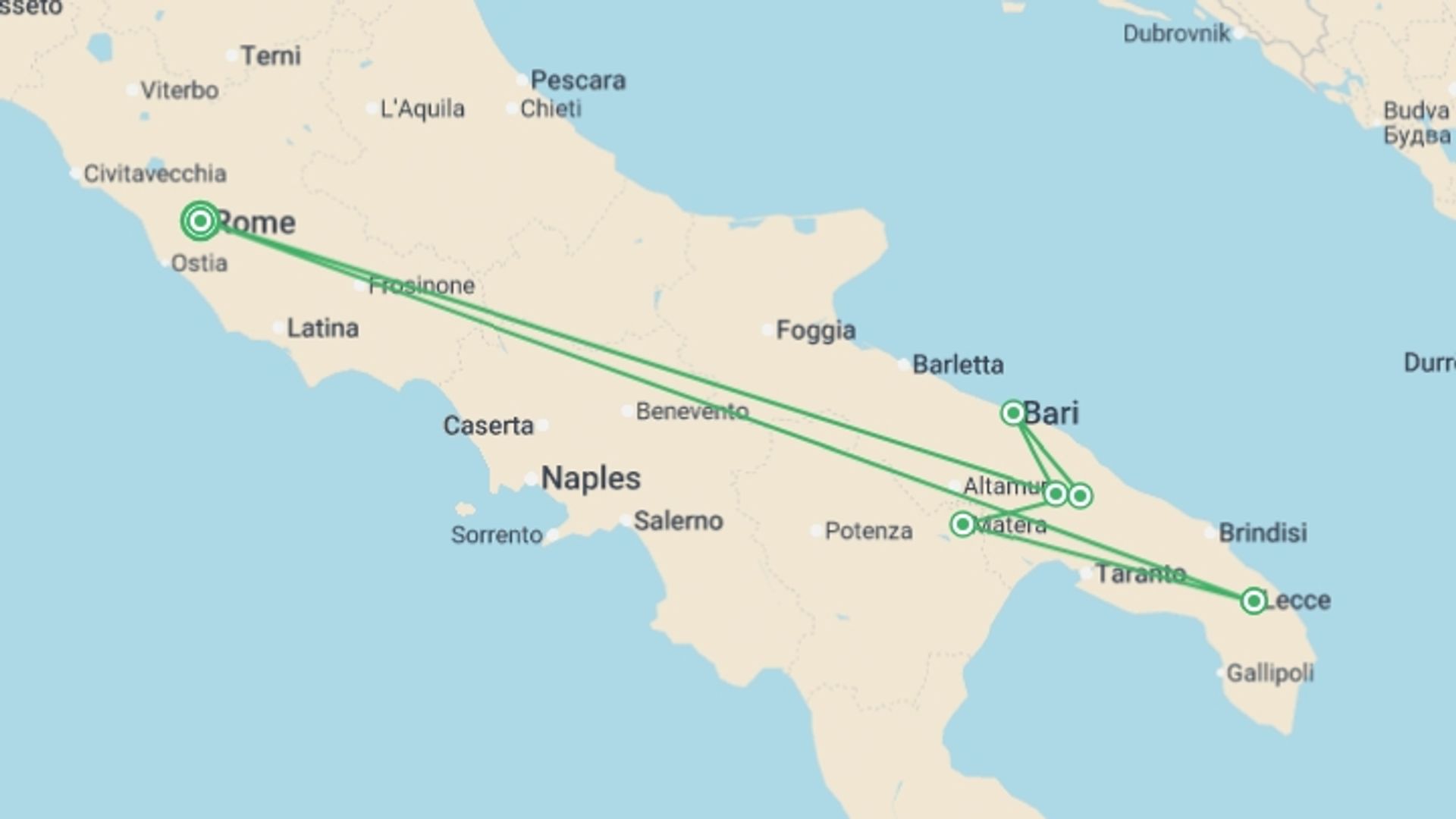 A map showing the tour itinerary for the trip: Rome & Puglia Discovery: Small Group Experience, starting in Rome, Italy and ending in Rome, Italy going through 5 other destinations.