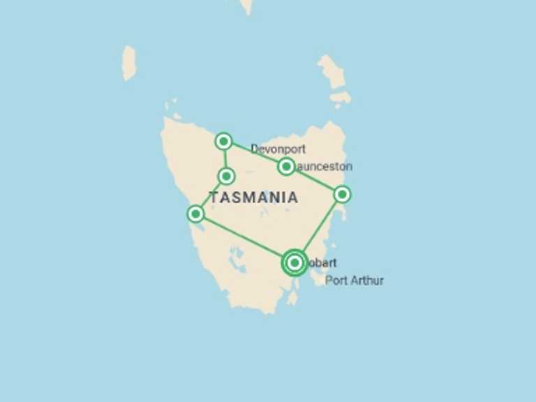 Map of Oceania Tour with 6 destination visits for the trip: Tasmanian Wonders