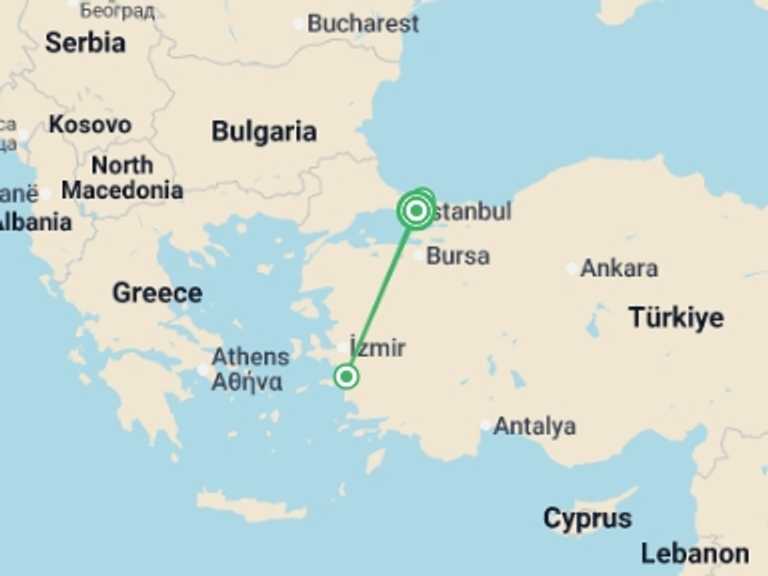 Map itinerary of Balkans Tour in November 2026 with 3 destination visits for the trip: Istanbul to Ephesus Cultural Odyssey - 6 days