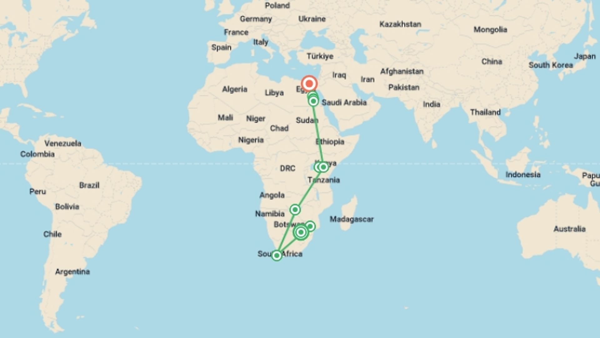 A map showing the tour itinerary for the trip: Cape Town to Cairo, starting in Johannesburg, South Africa and ending in Cairo, Egypt going through 9 other destinations.