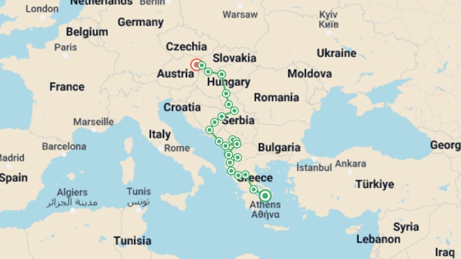 A map showing the tour itinerary for the trip: Small Group Tour: Balkans & Central Europe Athens-Vienna, starting in Athens, Greece and ending in Vienna, Austria going through 17 other destinations.