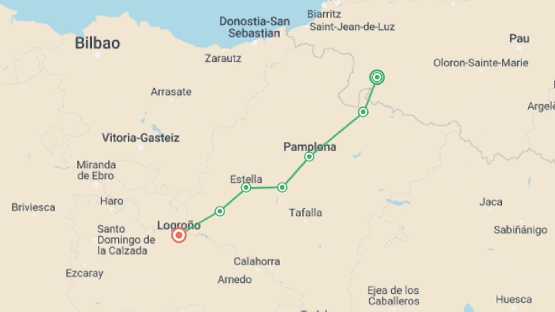 A map showing the tour itinerary for the trip: Walking across the Pyrenees on the Camino Frances, starting in Saint-Jean-Pied-de-Port, France and ending in Logrono, Spain going through 5 other destinations.