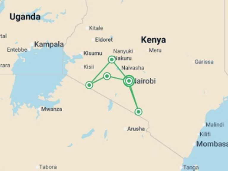 Map itinerary of Africa Tour in October 2026 with 6 destination visits for the trip: Kenya Safari Adventure