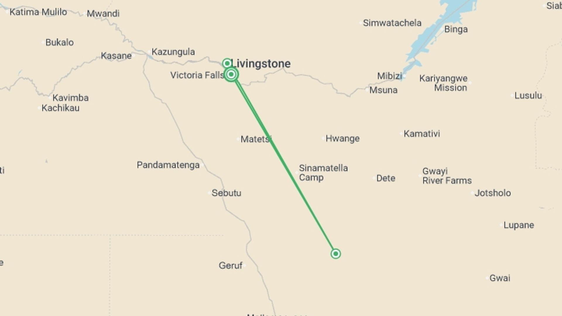 A map showing the tour itinerary for the trip: Hwange, Chobe & Falls - 10 days, starting in Victoria Falls, Zimbabwe and ending in Victoria Falls, Zimbabwe going through 2 other destinations.