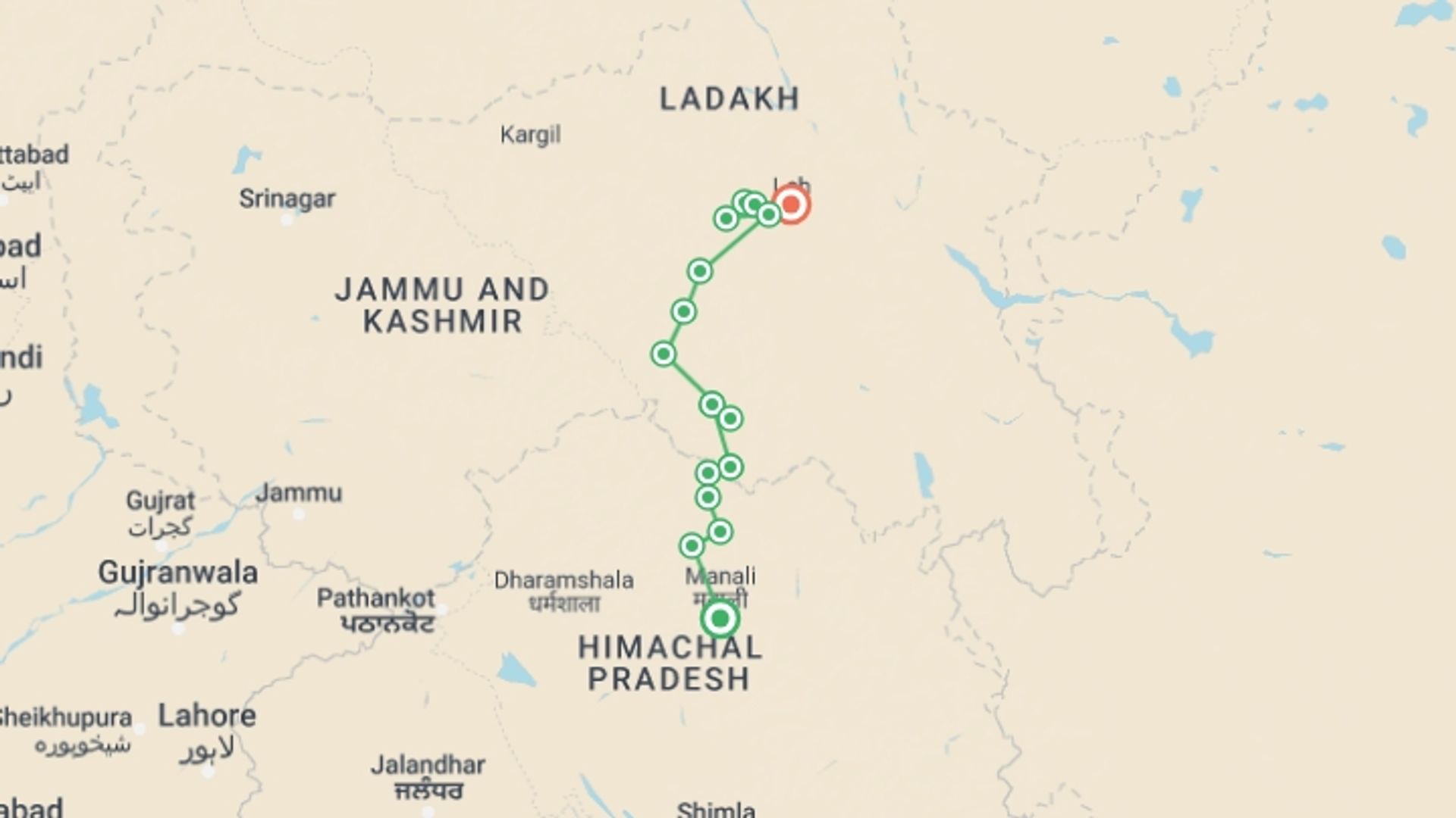 A map showing the tour itinerary for the trip: Zanskar Trek, starting in Manali, India and ending in Leh Ladakh, India going through 15 other destinations.
