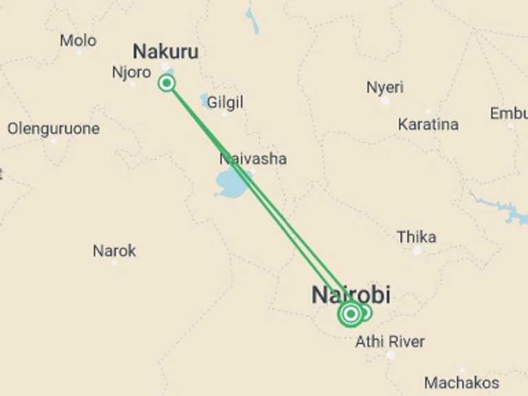 Map of 4-Day Nairobi Tour with 4 destination visits for the trip: 4-Day Hemingway Safari