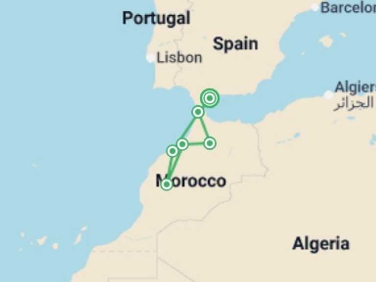 Map of 5-Day Marrakech Tour with 4 destination visits for the trip: Costa del Sol to Casablanca - 5 days
