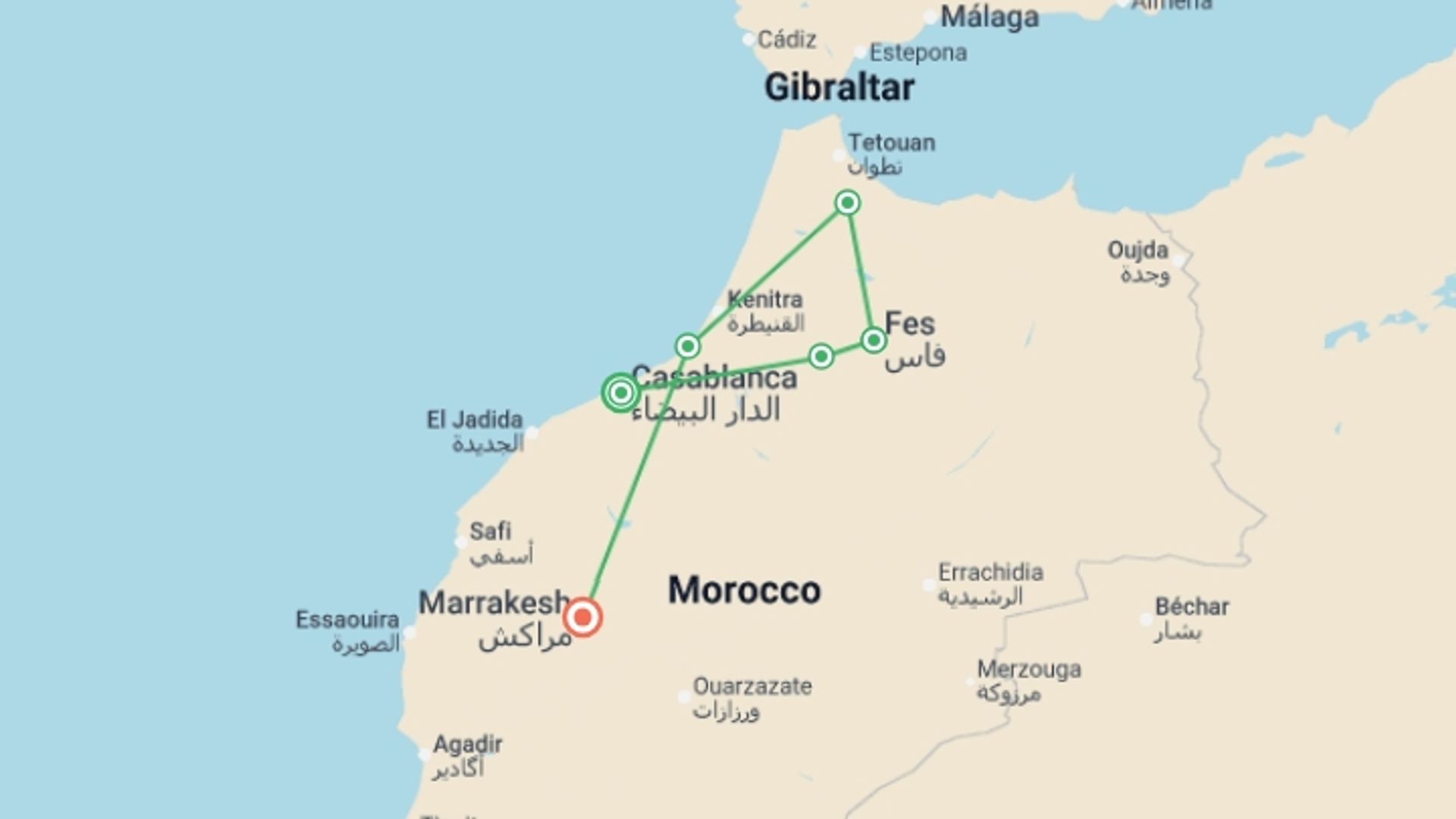 A map showing the tour itinerary for the trip: Highlights of Morocco, starting in Casablanca, Morocco and ending in Marrakech, Morocco going through 4 other destinations.