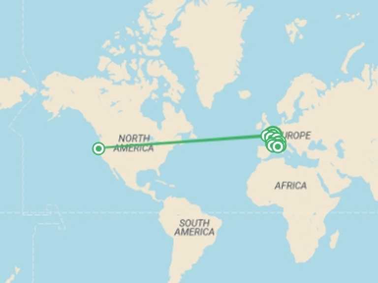 Map itinerary of Paris Tour in September 2026 with 13 destination visits for the trip: French Heritage