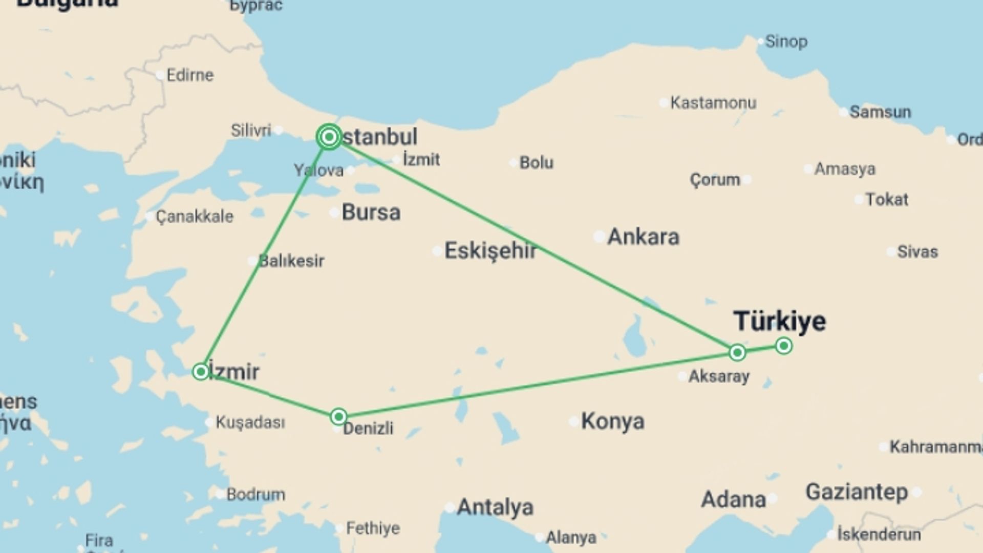 A map showing the tour itinerary for the trip: Istanbul, Ephesus, Pamukkale and Cappadocia, starting in Istanbul, Turkey and ending in Istanbul, Turkey going through 6 other destinations.