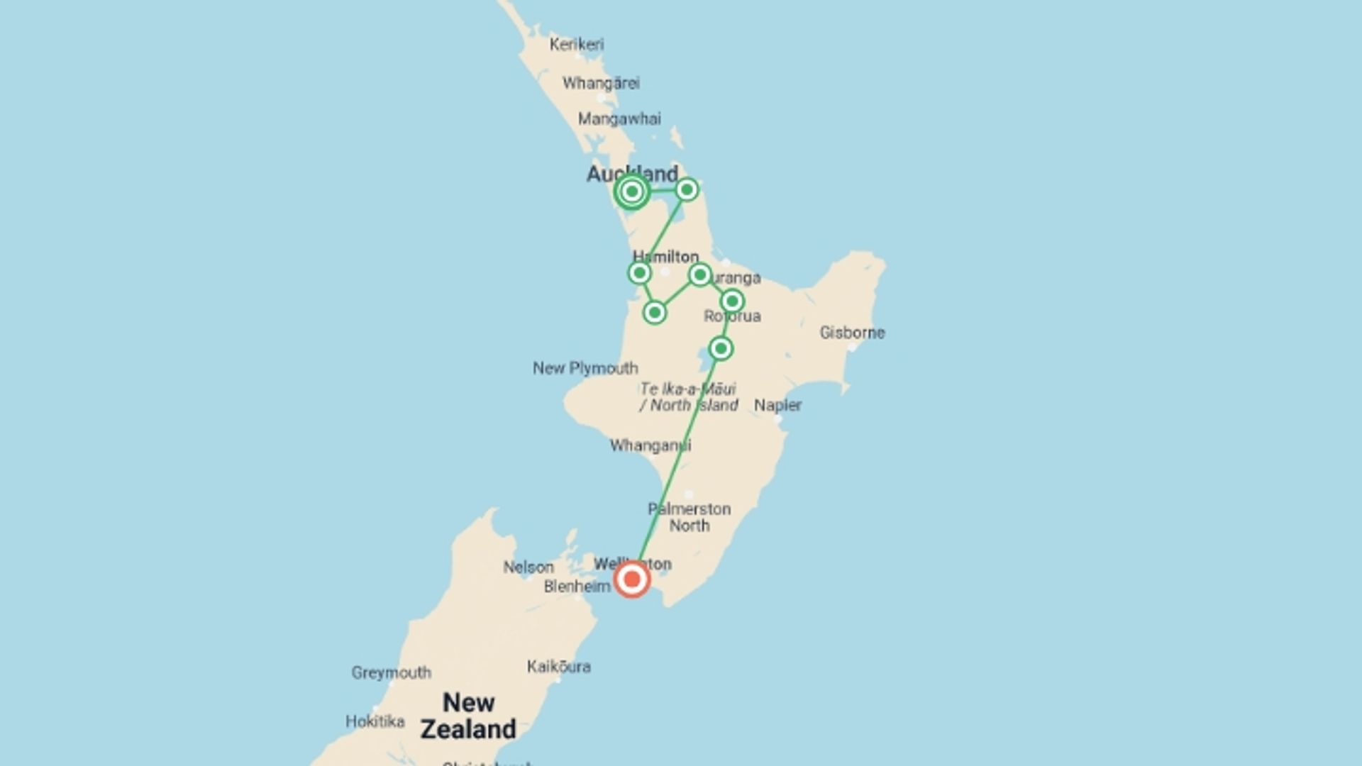 A map showing the tour itinerary for the trip: Northern Trail, starting in Auckland, New Zealand and ending in Wellington, New Zealand going through 3 other destinations.