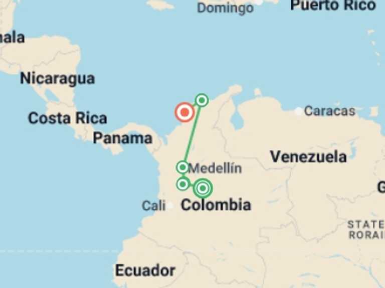 Map itinerary of Bogota Tour in October 2025 with 6 destination visits for the trip: Bogota to Cartagena Travel Pass