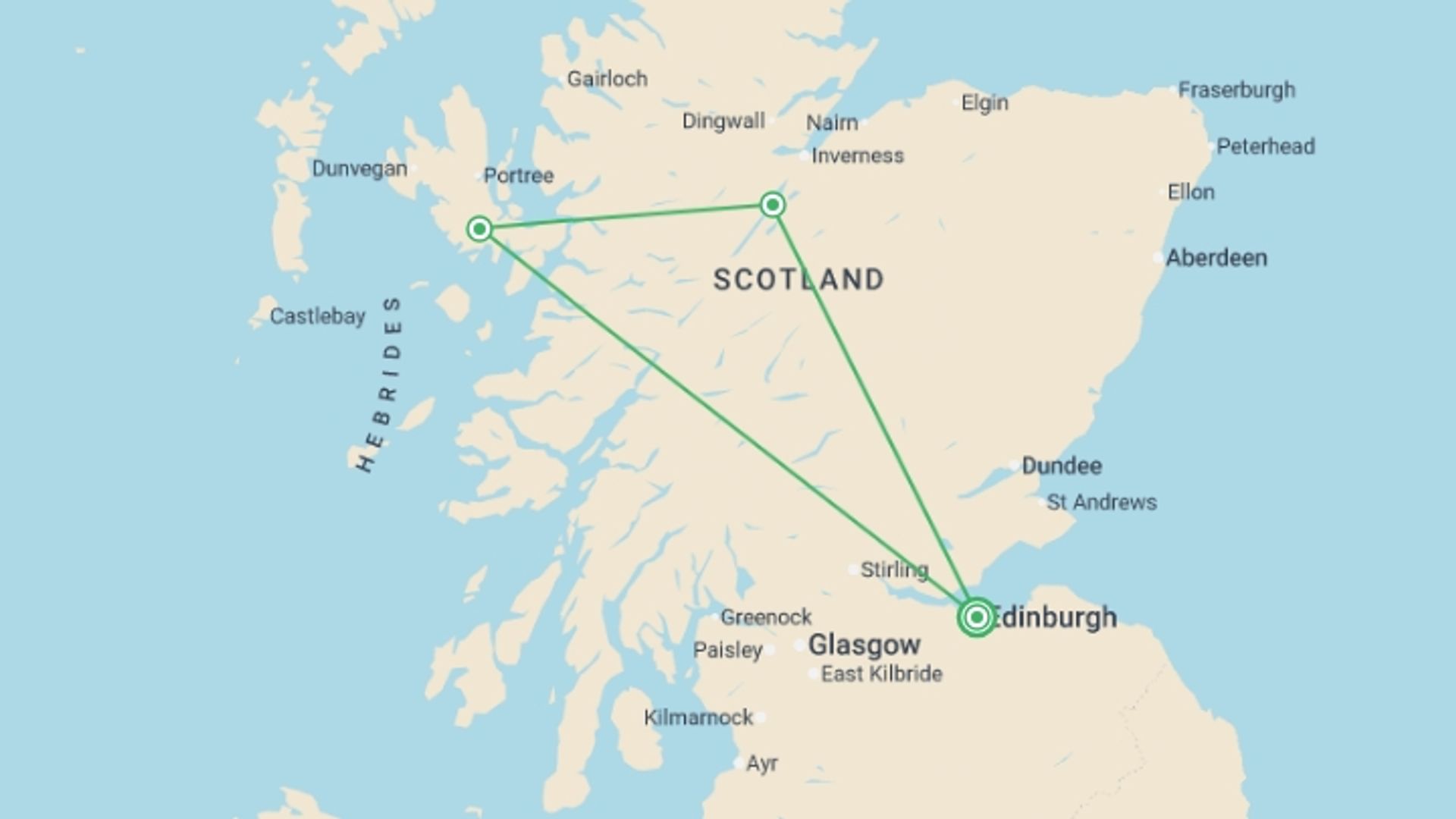 A map showing the tour itinerary for the trip: Highlands & Skye Trail, starting in Edinburgh, Scotland and ending in Edinburgh, Scotland going through 2 other destinations.