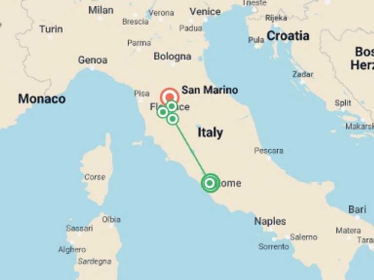 Map of a Museum and gallery visits Tour with 6 destination visits for the trip:  Rome, Florence & Tuscany Family Adventure