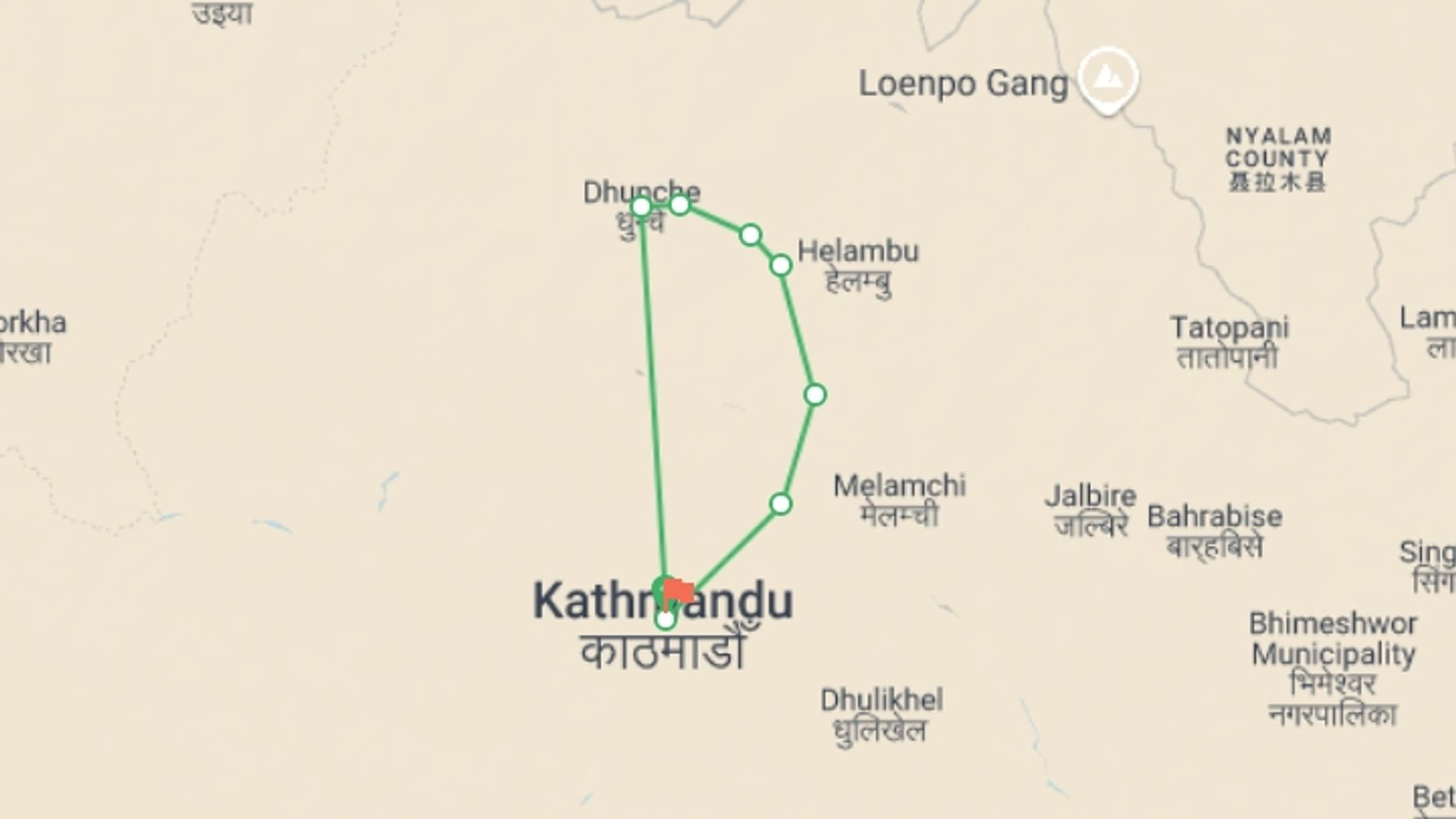 A map showing the tour itinerary for the trip: Gosainkunda Trekking , starting in Kathmandu, Nepal and ending in Kathmandu, Nepal going through 7 other destinations.
