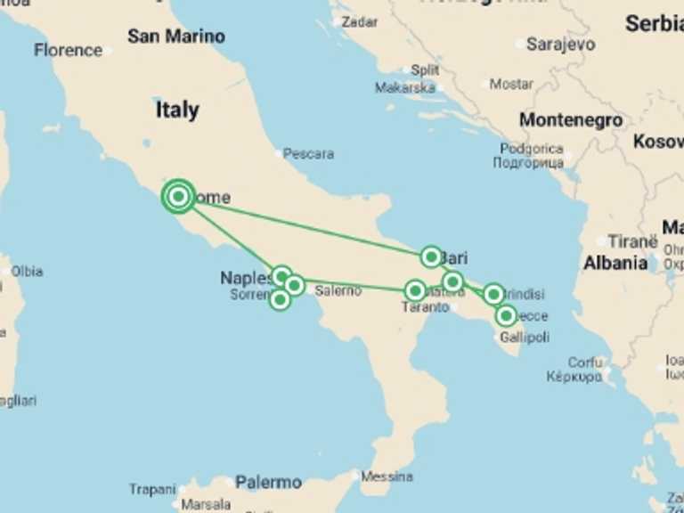 Map of 5-Day Rome Tour with 4 destination visits for the trip: Beautiful Puglia