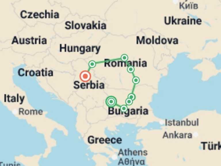 Map itinerary of Europe Tour in July 2026 with 7 destination visits for the trip: From Sofia to Belgrade