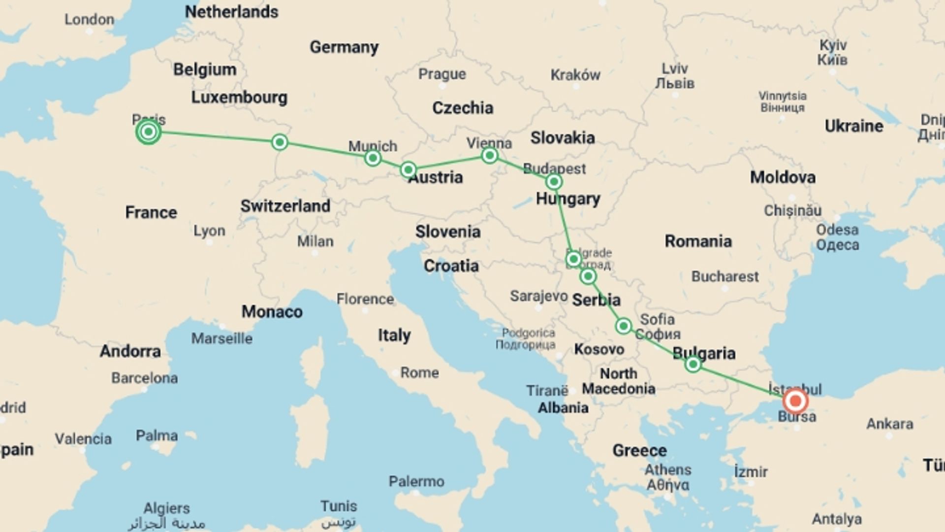 A map showing the tour itinerary for the trip: Express to the Orient: Paris to Istanbul, starting in Paris, France and ending in Istanbul, Turkey going through 7 other destinations.