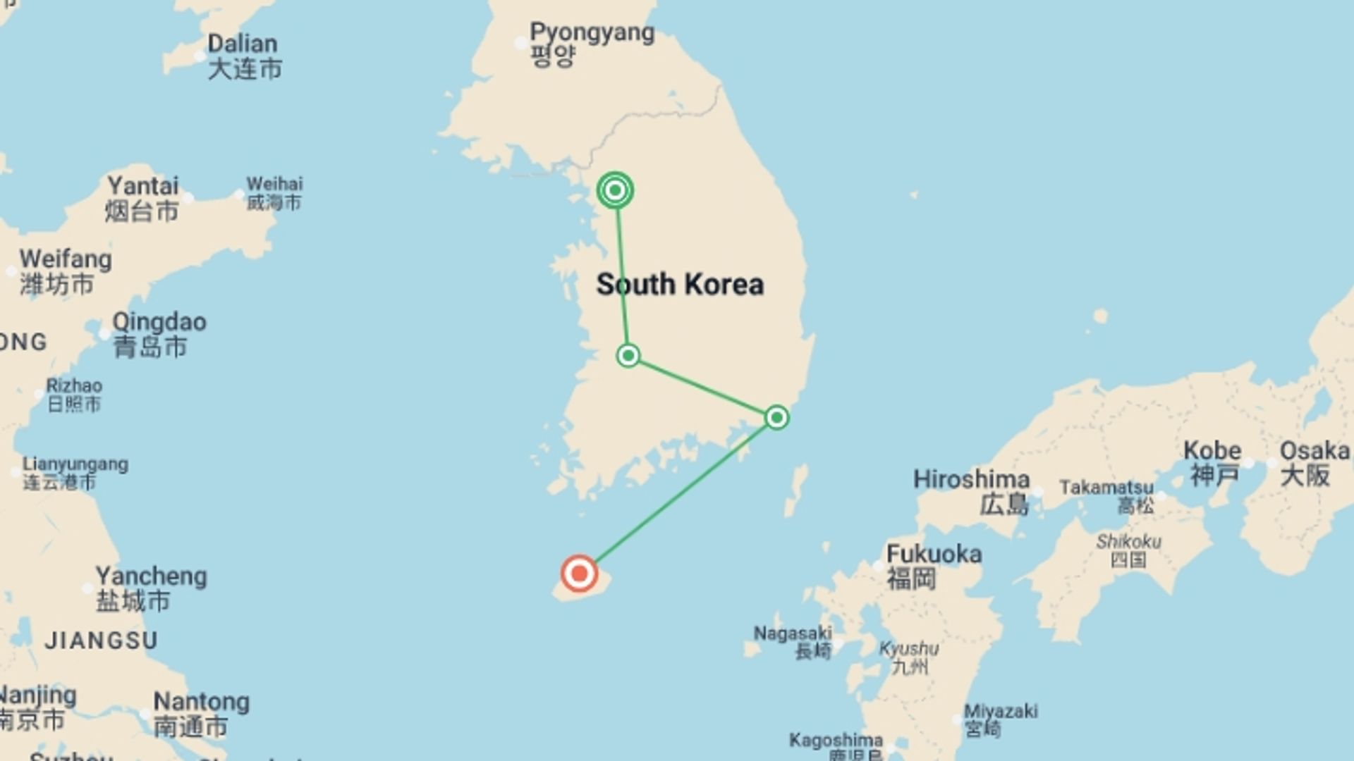 A map showing the tour itinerary for the trip: The Essence of Korea and Jeju Island, starting in Seoul, South Korea and ending in Jeju, South Korea going through 3 other destinations.