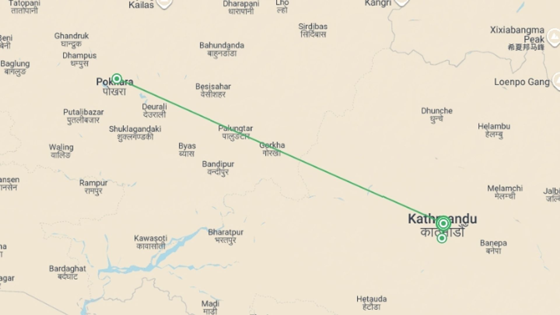 A map showing the tour itinerary for the trip: Nepal Uncovered - 8 days, starting in Kathmandu, Nepal and ending in Kathmandu, Nepal going through 2 other destinations.
