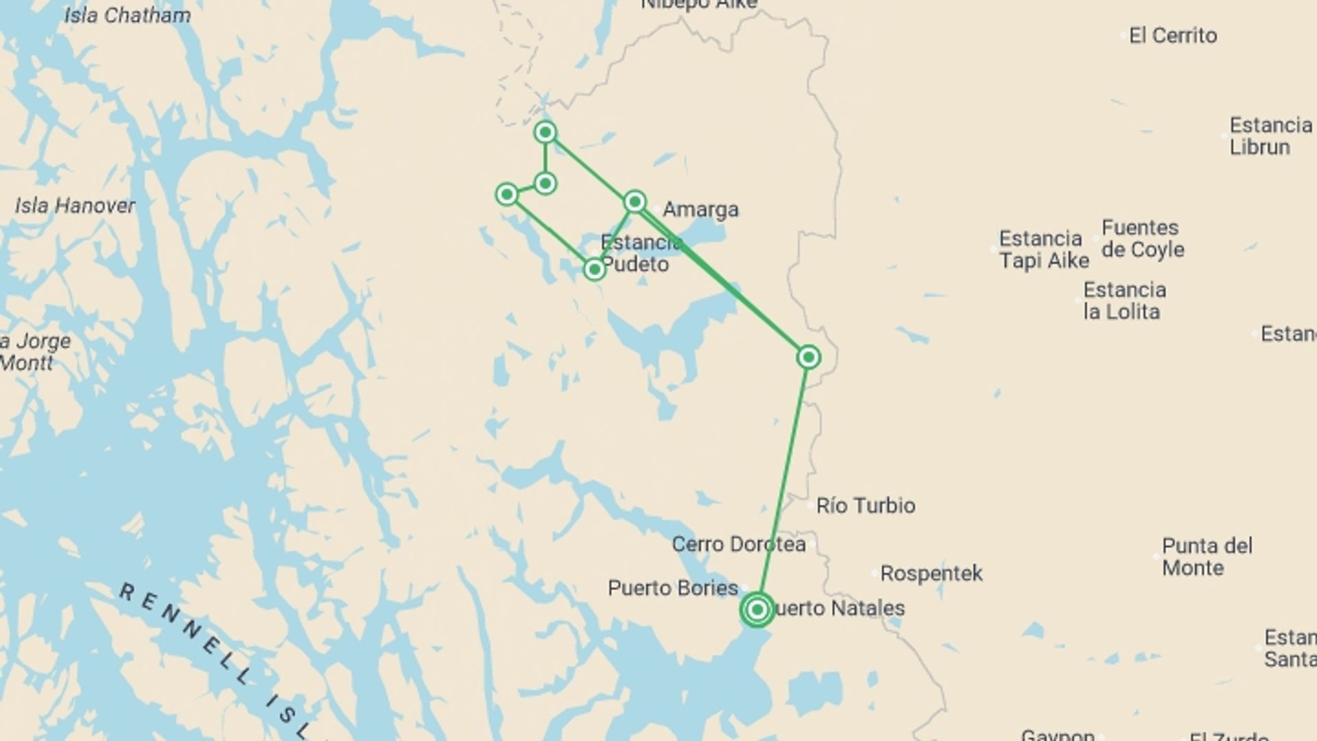 A map showing the tour itinerary for the trip: Torres del Paine Circuit, starting in Puerto Natales, Chile and ending in Puerto Natales, Chile going through 4 other destinations.