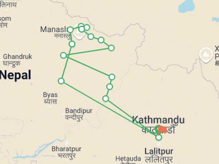 Map itinerary of Kathmandu Tour in September 2026 with 13 destination visits for the trip: Manaslu Circuit Trek