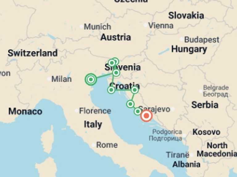 Map itinerary of Split Tour in July 2027 with 6 destination visits for the trip: Premium Venice to Split