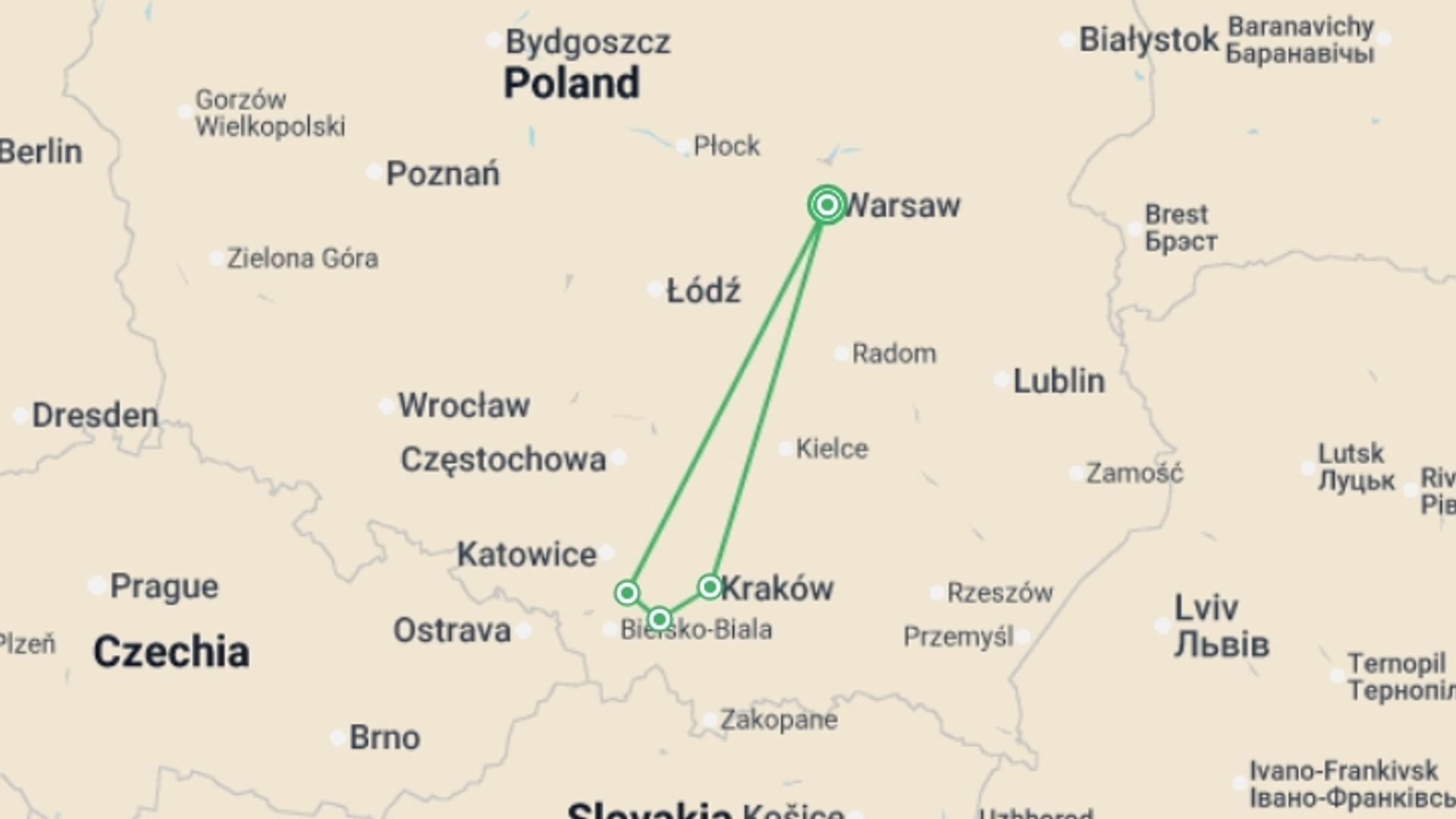 A map showing the tour itinerary for the trip: Journey into Polish History and Culture, starting in Warsaw, Poland and ending in Warsaw, Poland going through 2 other destinations.