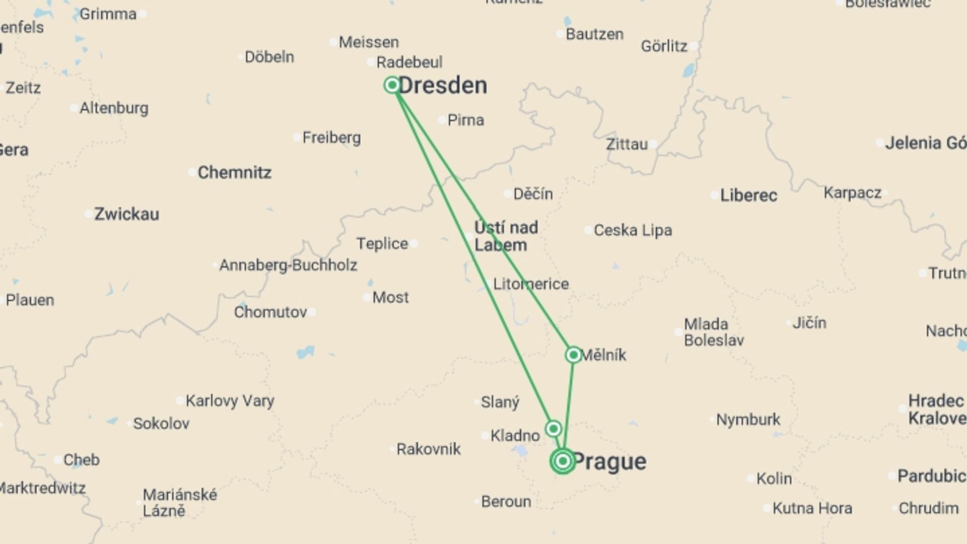 A map showing the tour itinerary for the trip: Holiday Cheer Along the Elbe River (port-to-port cruise), starting in Prague, Czech Republic and ending in Prague, Czech Republic going through 1 other destinations.