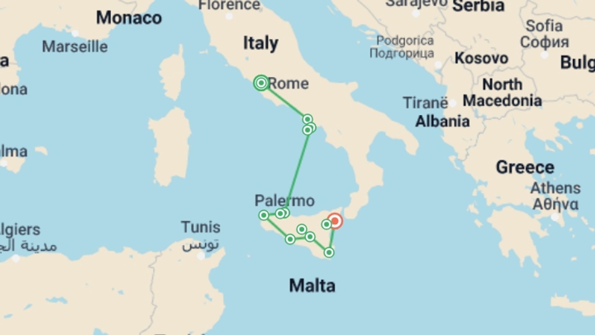 A map showing the tour itinerary for the trip: Sicily & Amalfi Coast Escape, starting in Rome, Italy and ending in Taormina, Italy going through 5 other destinations.
