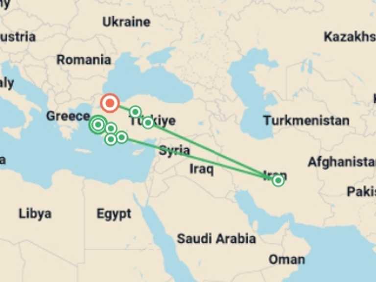 Map itinerary of Mediterranean Tour in July 2026 with 8 destination visits for the trip: Essence of Turkey - 13 days