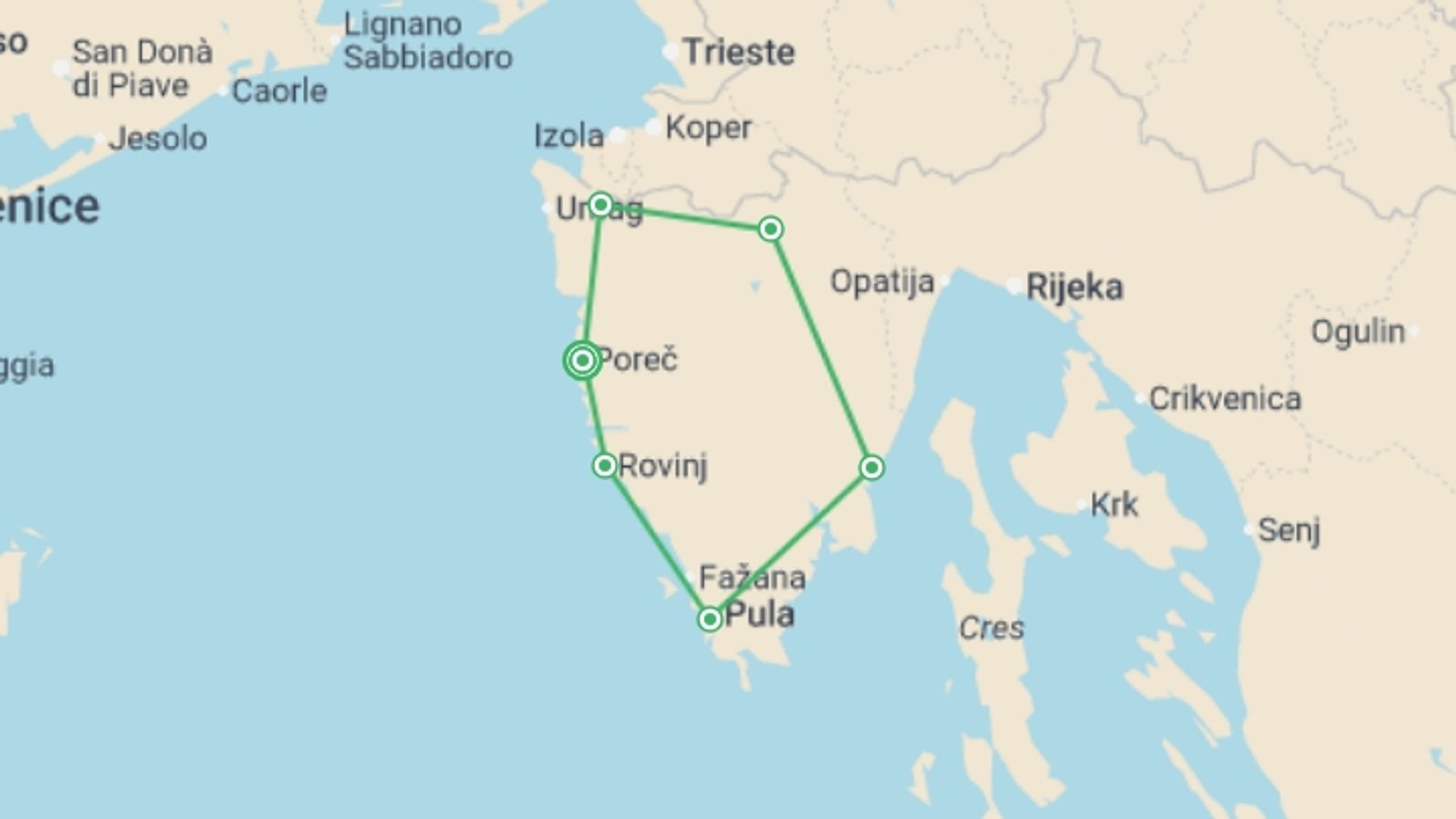 A map showing the tour itinerary for the trip: Istrian Cycle Explorer, starting in Porec, Croatia and ending in Porec, Croatia going through 5 other destinations.
