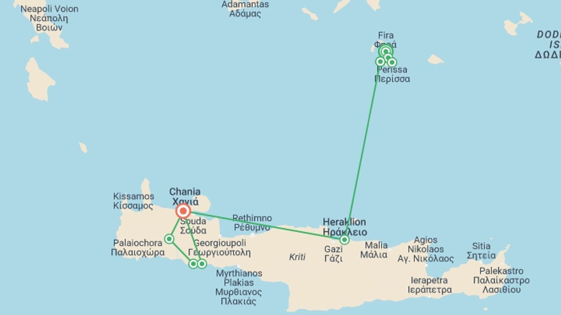 A map showing the tour itinerary for the trip: Santorini and Crete Walk, starting in Santorini, Greece and ending in Chania, Greece going through 5 other destinations.
