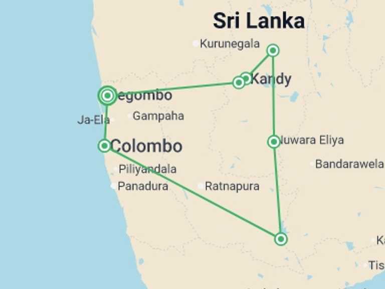 Map of Sri Lanka Tour with 6 destination visits for the trip: All In One Sri Lanka, Private Tour