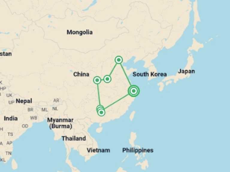 Map of China Tour with 6 destination visits for the trip: Shanghai to the Dragon's Backbone - 14 days