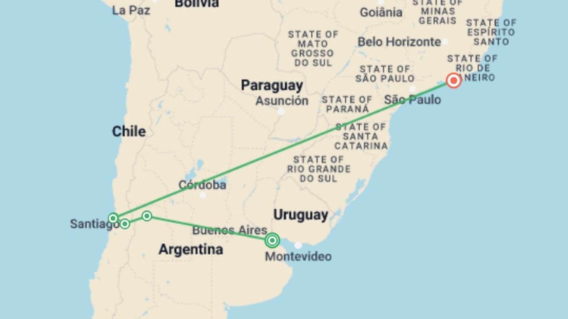 A map showing the tour itinerary for the trip: 13-Day South America: Mountains & Beaches, starting in Buenos Aires, Argentina and ending in Rio de Janeiro, Brazil going through 4 other destinations.