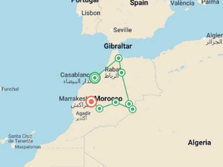Map itinerary of Mediterranean Tour in October 2026 with 7 destination visits for the trip: Morocco: Souks & Spices