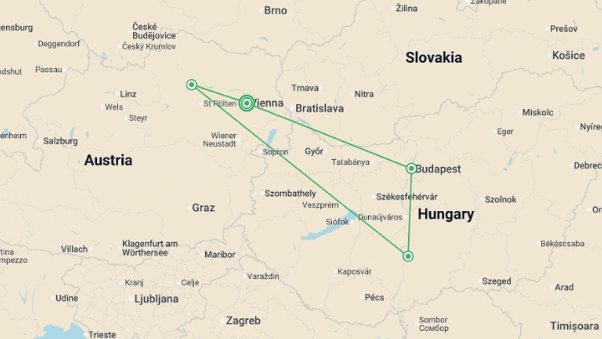A map showing the tour itinerary for the trip: Hiking cruises in the former Austro-Hungarian Empire (port-to-port cruise), starting in Vienna, Austria and ending in Vienna, Austria going through 3 other destinations.