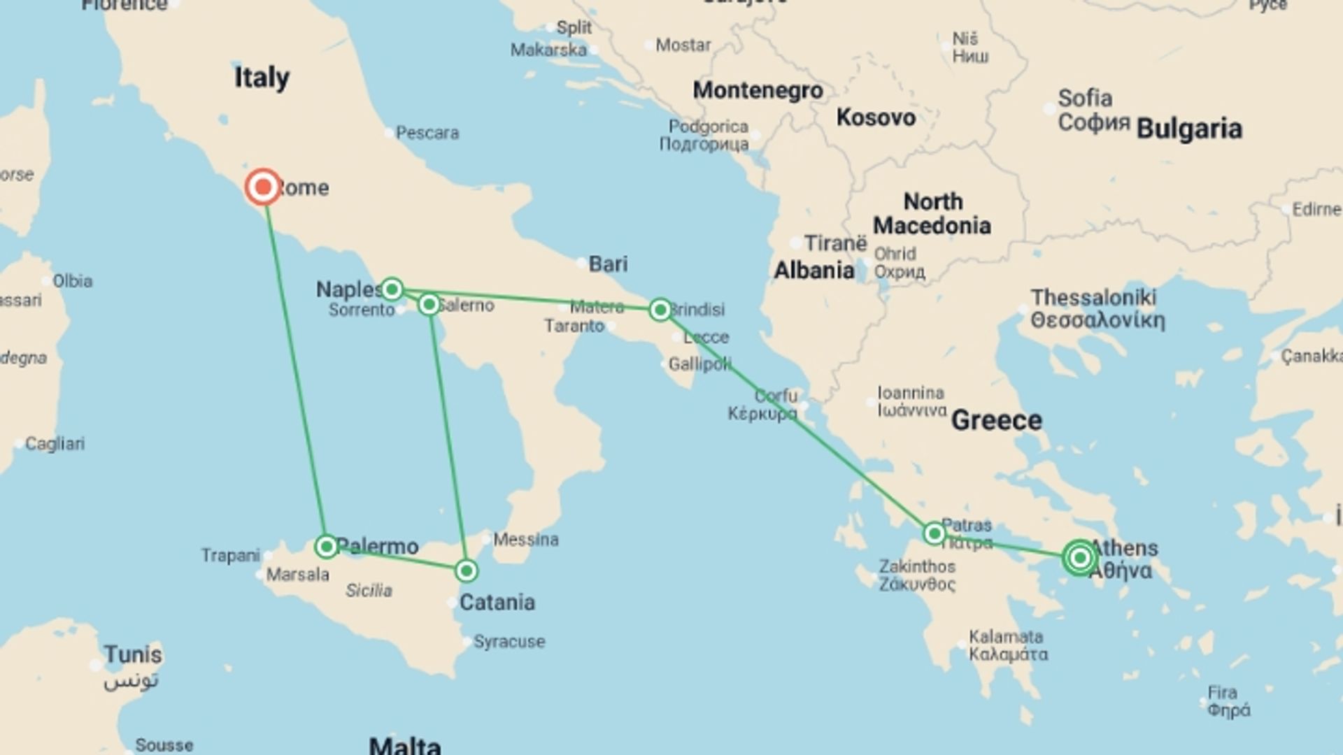 A map showing the tour itinerary for the trip: Athens, Peninsula and Sicily End Rome, starting in Athens, Greece and ending in Rome, Italy going through 6 other destinations.