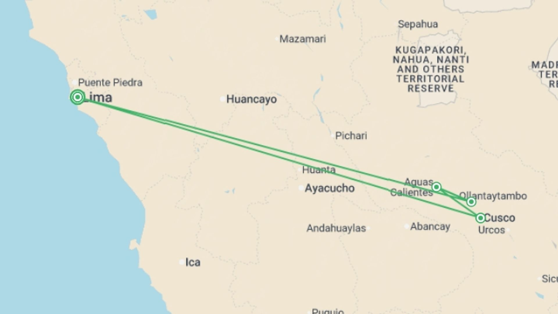 A map showing the tour itinerary for the trip: Highlights of Peru, starting in Lima, Peru and ending in Lima, Peru going through 3 other destinations.