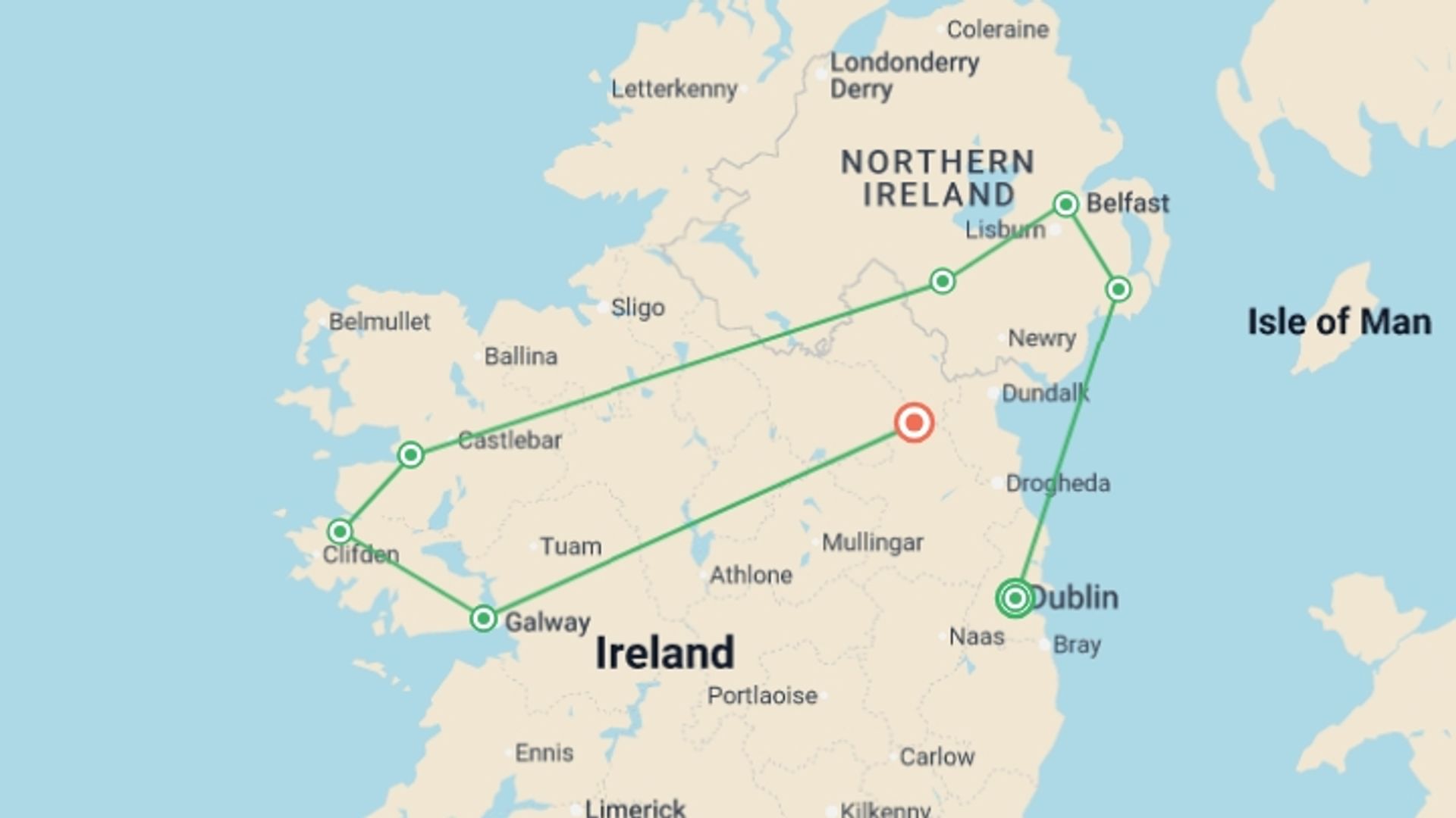 A map showing the tour itinerary for the trip: Shrines of Ireland , starting in Dublin, Ireland and ending in County Cavan, Ireland going through 5 other destinations.