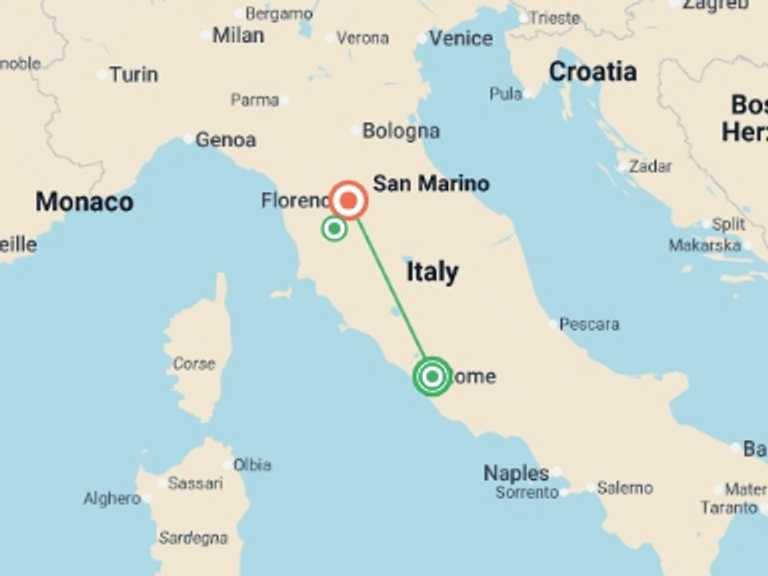 Map itinerary of Europe Tour in July 2026 with 2 destination visits for the trip: Gems Of Rome & Florence, Semi-private Tour