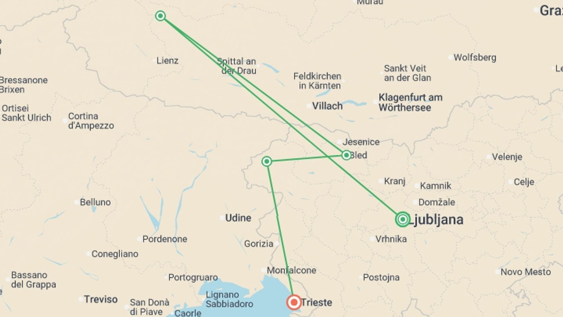 A map showing the tour itinerary for the trip: Hiking the Alpe-Adria Trail, Alps to the Adriatic, starting in Ljubljana, Slovenia and ending in Trieste, Italy going through 3 other destinations.